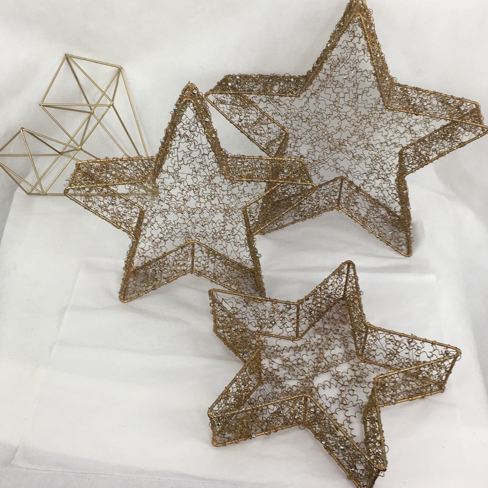 Gold Wire & Silver Beaded Star Baskets Set Of 3